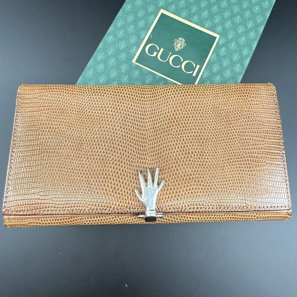 Vintage Gucci Lizard Wallet Sterling Silver 925 Hand Mano Clasp Box Rare 70s - Picture 3 of 16